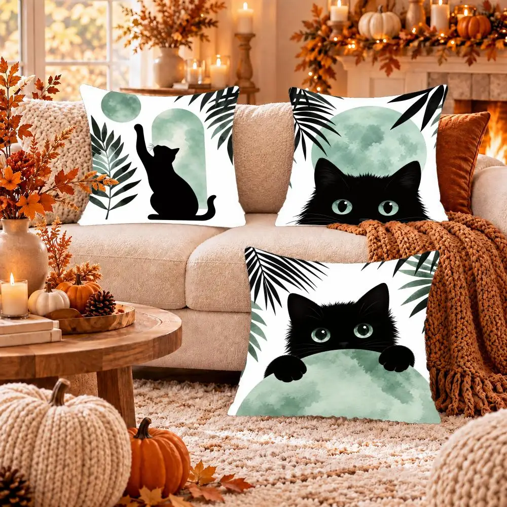 Sage Moon Cat Silhouette Cushion Cover Soft Short Plush Pillow Cover Smooth Cozy Texture Cushion Case Home Decor