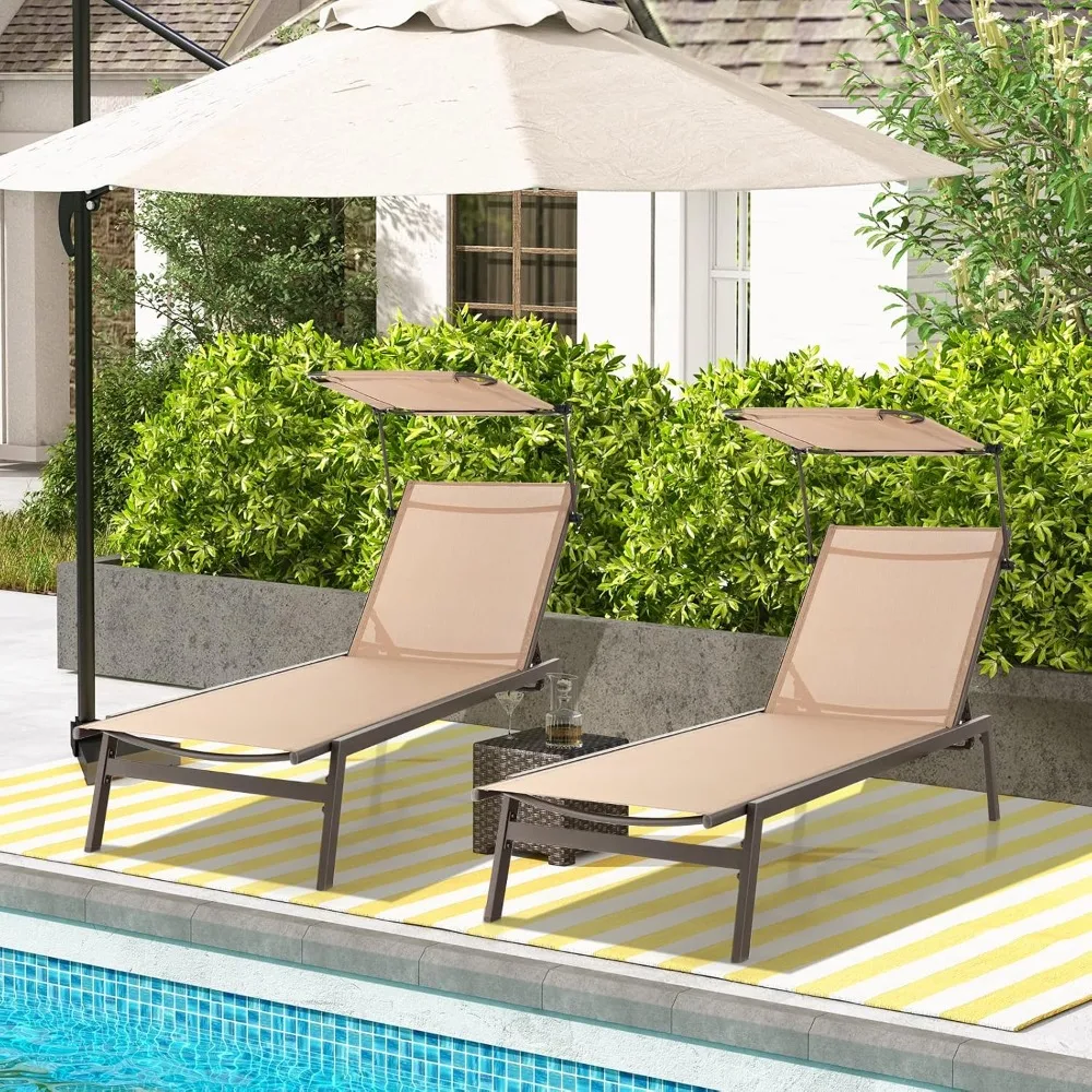 

Outdoor Chaise Lounge Chair with Sunshade, 6 Adjustable Position, Sturdy Metal Frame, Cup Holder, Outside Tanning Chair