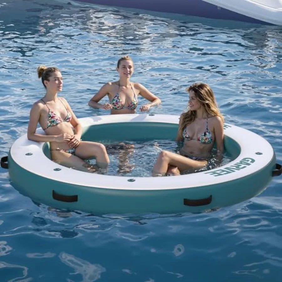 

8x8 ft Inflatable Floating Dock Round with Mesh Swim Area Non-Slip EVA Platform and Rope Ladder for Pool Lake Beach Ocean Use B