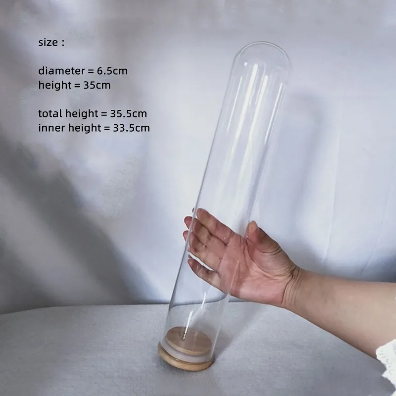 2sets/pack 6.5*35cm Transparent Glass Dome Home Decoration Sealing Bamboo Base Tall Form Cover DIY Friend Gift