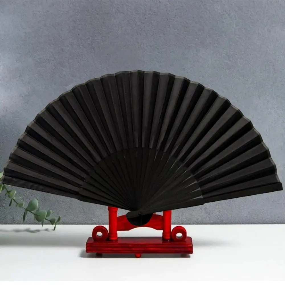 Black Folding Fan with Bag Chinese Style Dance Performance Photo Props Portable Faux Silk Bamboo Hand Held Fan Party