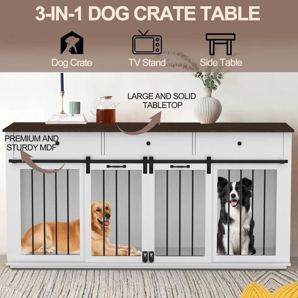 Dog Crate Indoor Furniture for 2 Dogs, 71.6'' Dogs Kennel with 3 Drawers and Sliding Doors, Heavy Duty Wooden Dog Cage