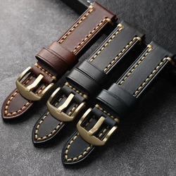 Handmade Italian Oil Waxed Leather Strap 20 22 24MM Bronze Watch Bracelet Vintage Style Brass Clasp Handmade Thickened Watchband