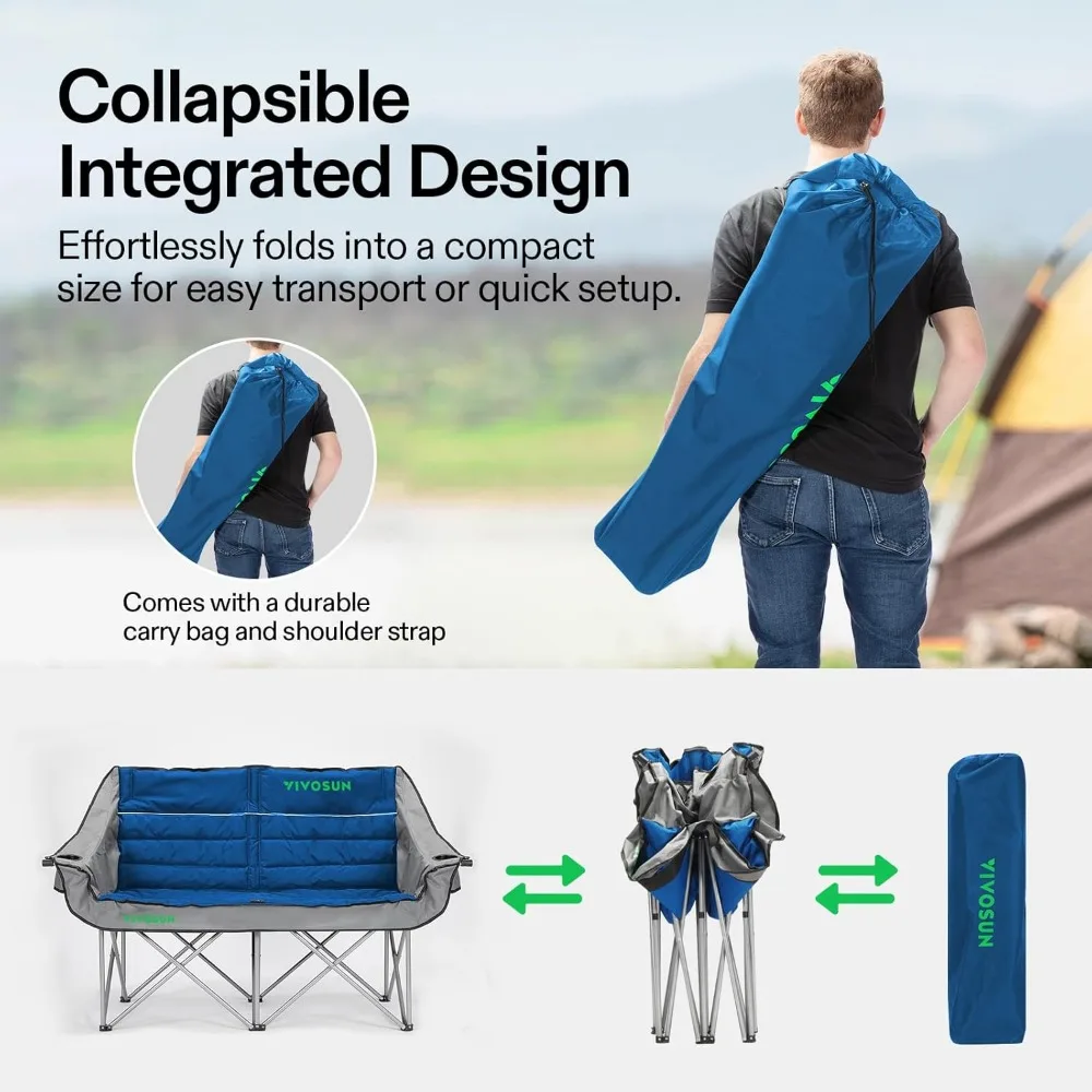 Cadeira de acampamento dupla VIVOSUN, loveseat dobrável totalmente acolchoado, cadeira duo grande com suportes para copos e copos de vinho, bolso, braços