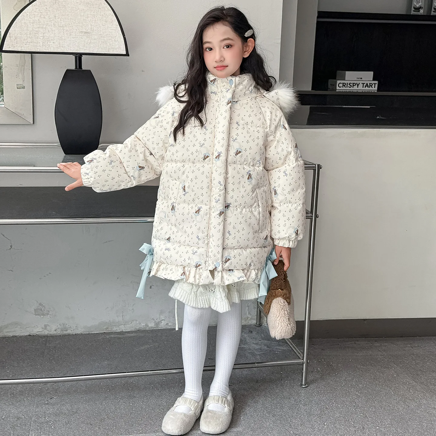 

Winter Children Girl Parka Cotton-padded Floral Print 4-14Y Kid Girl Outerwear Coat Faux Fur Hooded Thick Jacket For Teens Girl
