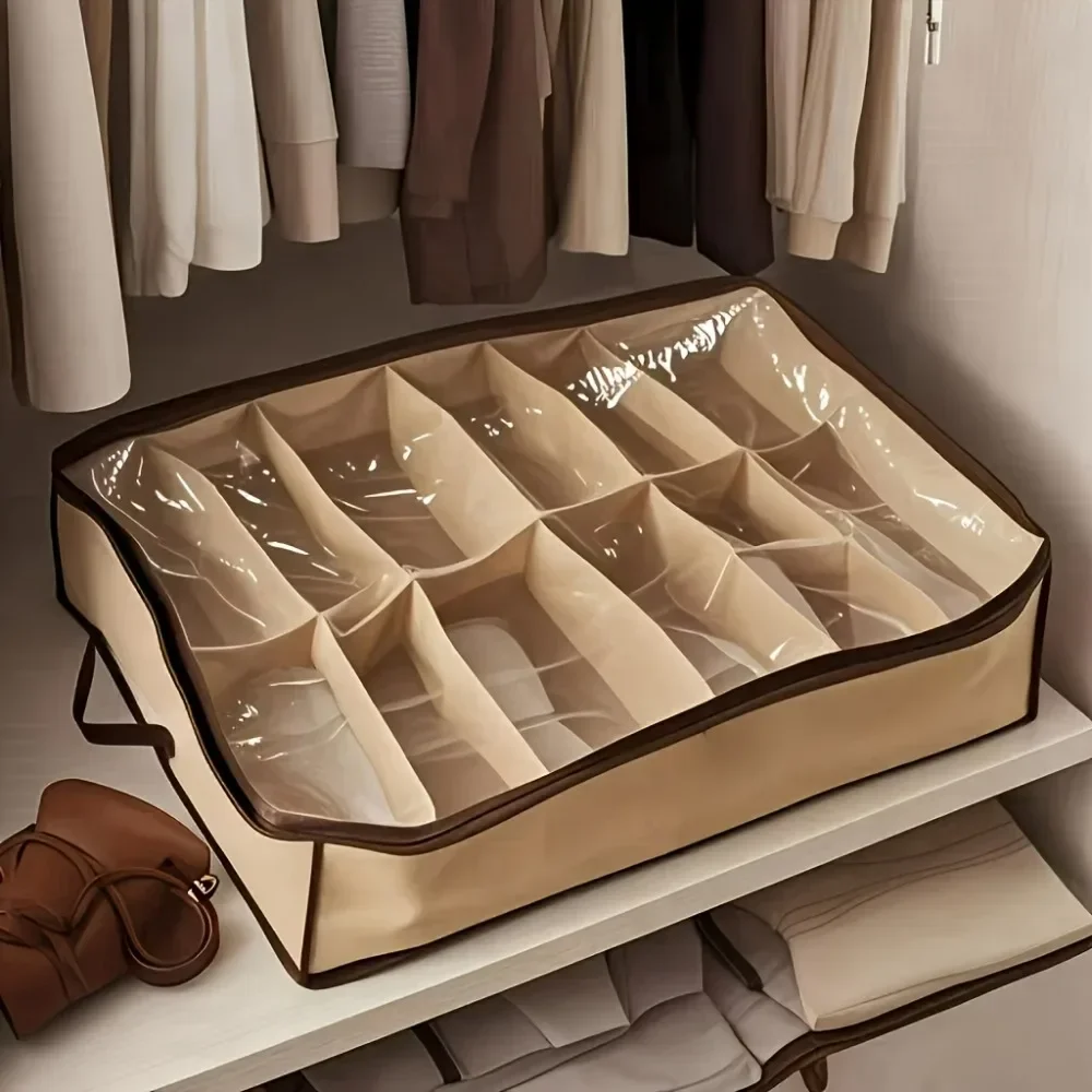 

12-Compartment Clear Zippered Storage Box for Shoes and Underwear - Transparent Multi-Purpose Organizer with Handles Hat box