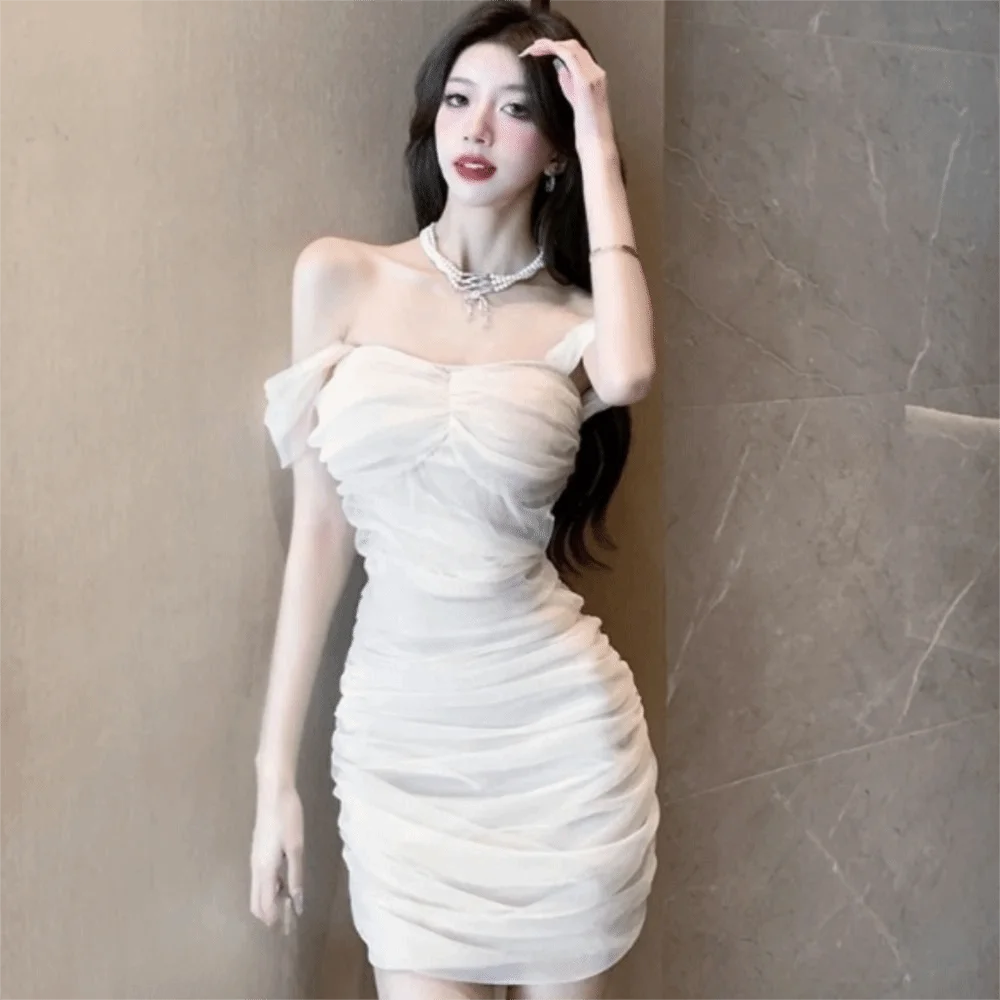 Puro desejo emagrecimento ajuste malha cinta vestido apertado estilo francês um ombro vestido tubo superior vestido verão wear