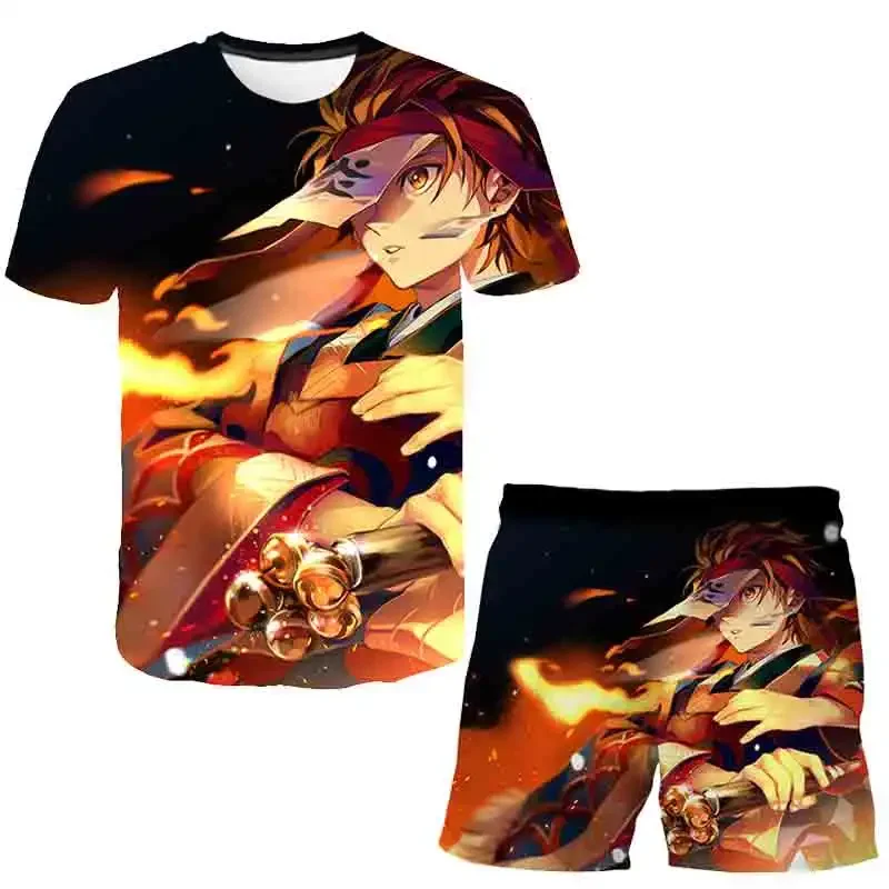 Demon Slayer Cartoon Sets for children Full Print Short Sleeve Elastic Waist Shorts Pajama Set Harajuku Children\'s Suit