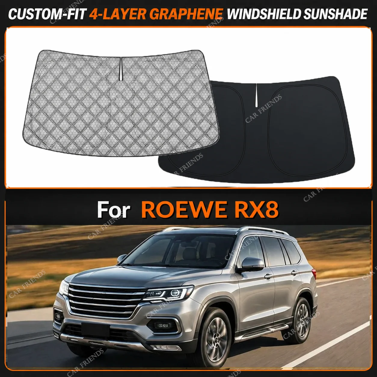 For ROEWE RX8 Custom-Fit 4-Layer Graphene Windshield Sunshade Reflective Gray-Silver Surface Helps Reduce Direct Sunlight