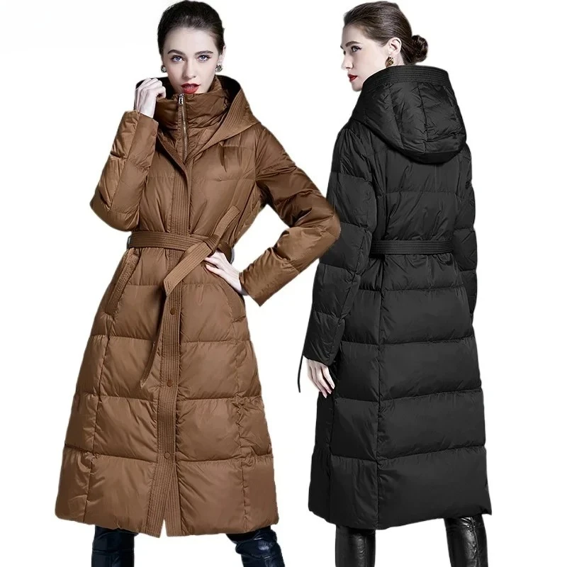 

New White Duck Down Puffer Jacket Women Fashion Long Down Coats with Hood Winter Luxury Clothes Loose Fit 2024 Пуховики