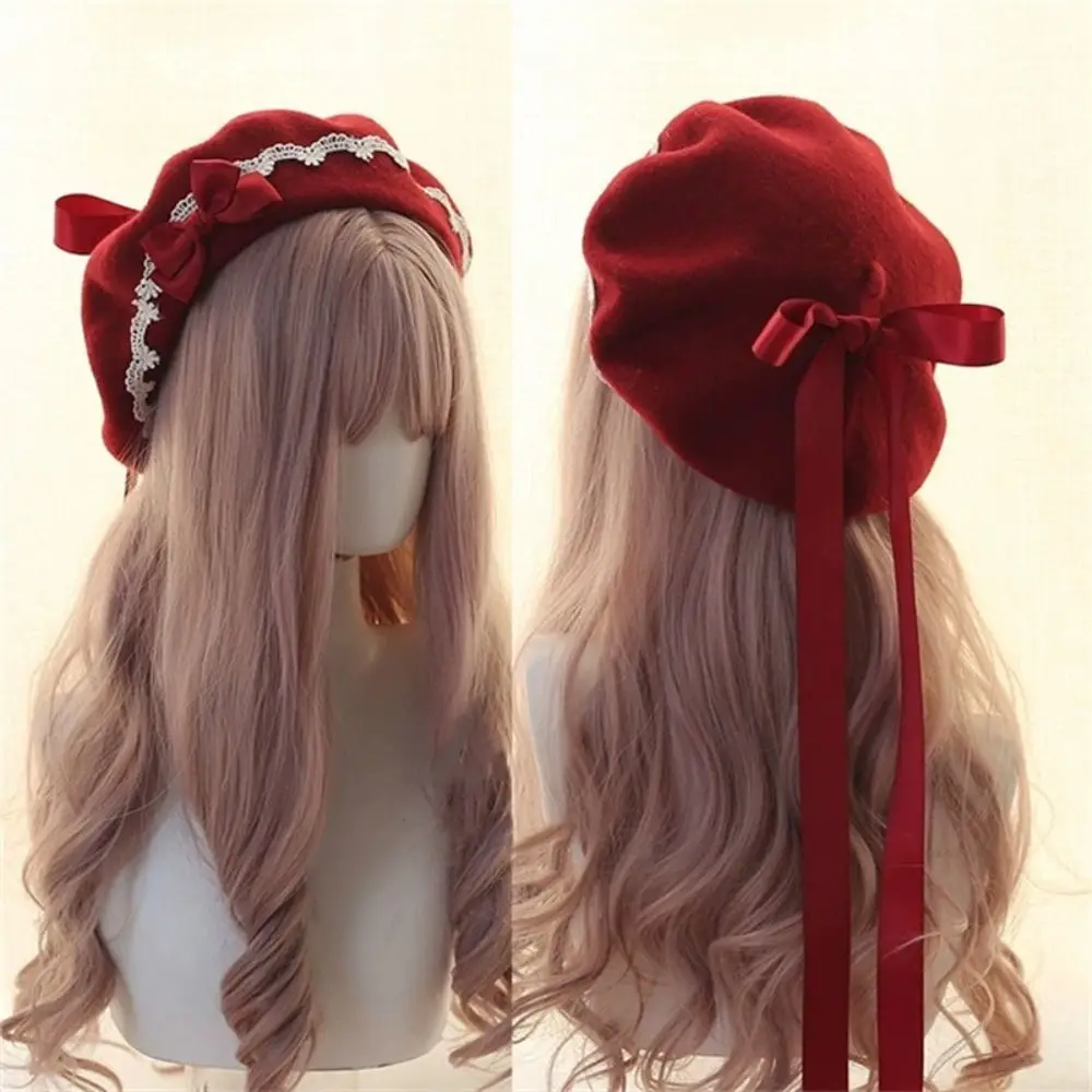 

Fashion Lolita Japanese Style Beret Hat Sweet Woolen Bow Beret Lacebow Warm Artist Hat Women Girls