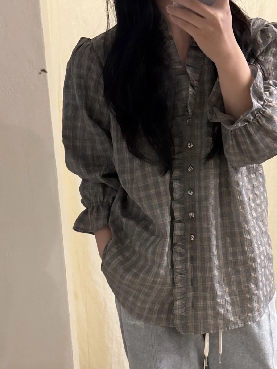 

East Gate Viaplain Retro Plaid Court Sle V-ne irt Women's Busin Casual Inner Wear Single Button Regular Length