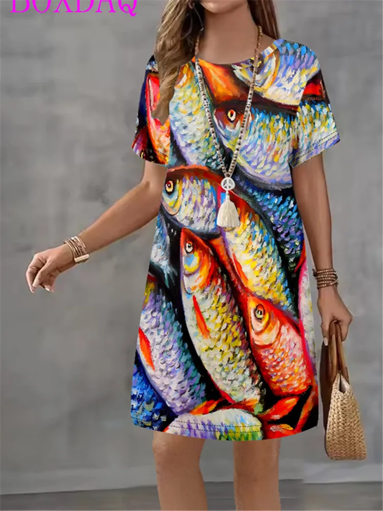 

Женское платье с персонализированным принтом, новинка лета 2025, повседневное мини-платье, женская уличная одежда, свободное платье трапециевидной формы с короткими рукавами