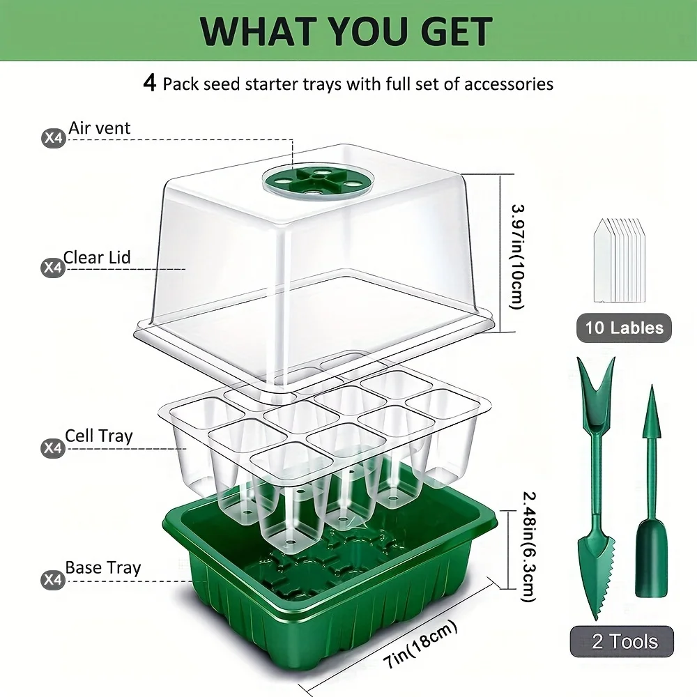 12 Cell per Tray LED Grow Light Full Spectrum with Seedling Tray Plant Seed Starter Trays for Home Greenhouse Growing Lamp