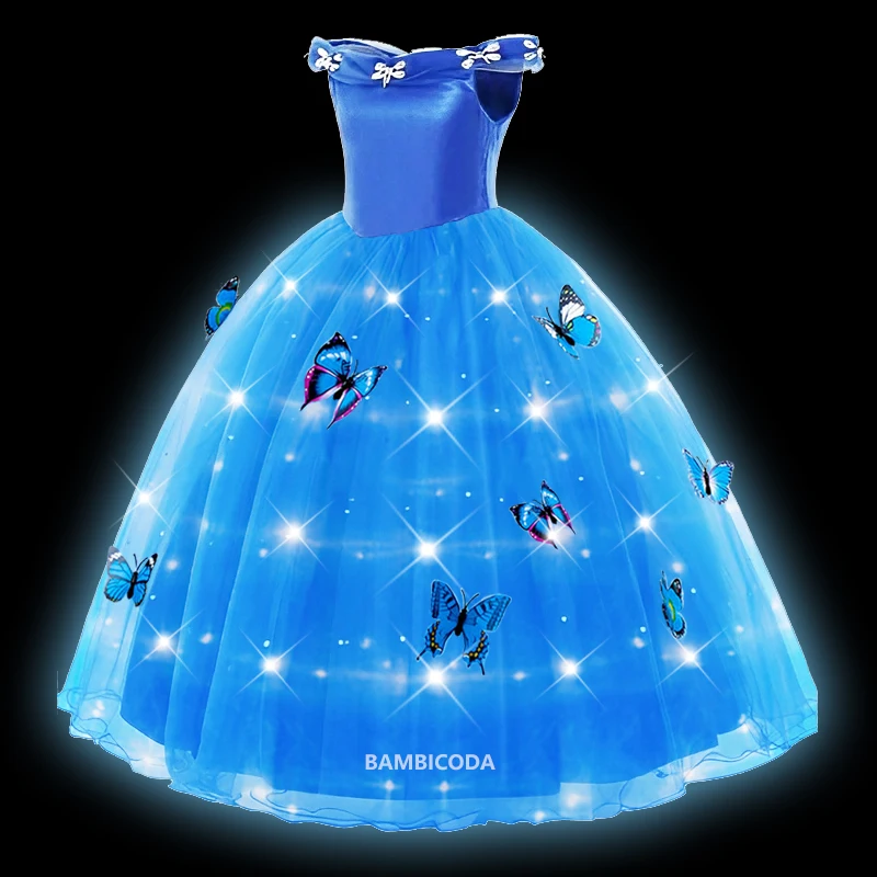 Girls LED Light Up Cinderella Princess Cosplay Dress for Girl Kids Ball Gown Butterfly Carnival Tutu Mesh Clothing for Birthday