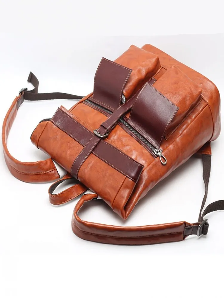 Casual Mens Backpack Personality Mixed Colors Unisex Cowskin Genuine Leather School Bag New Design Handmade Harajuku Backpacks