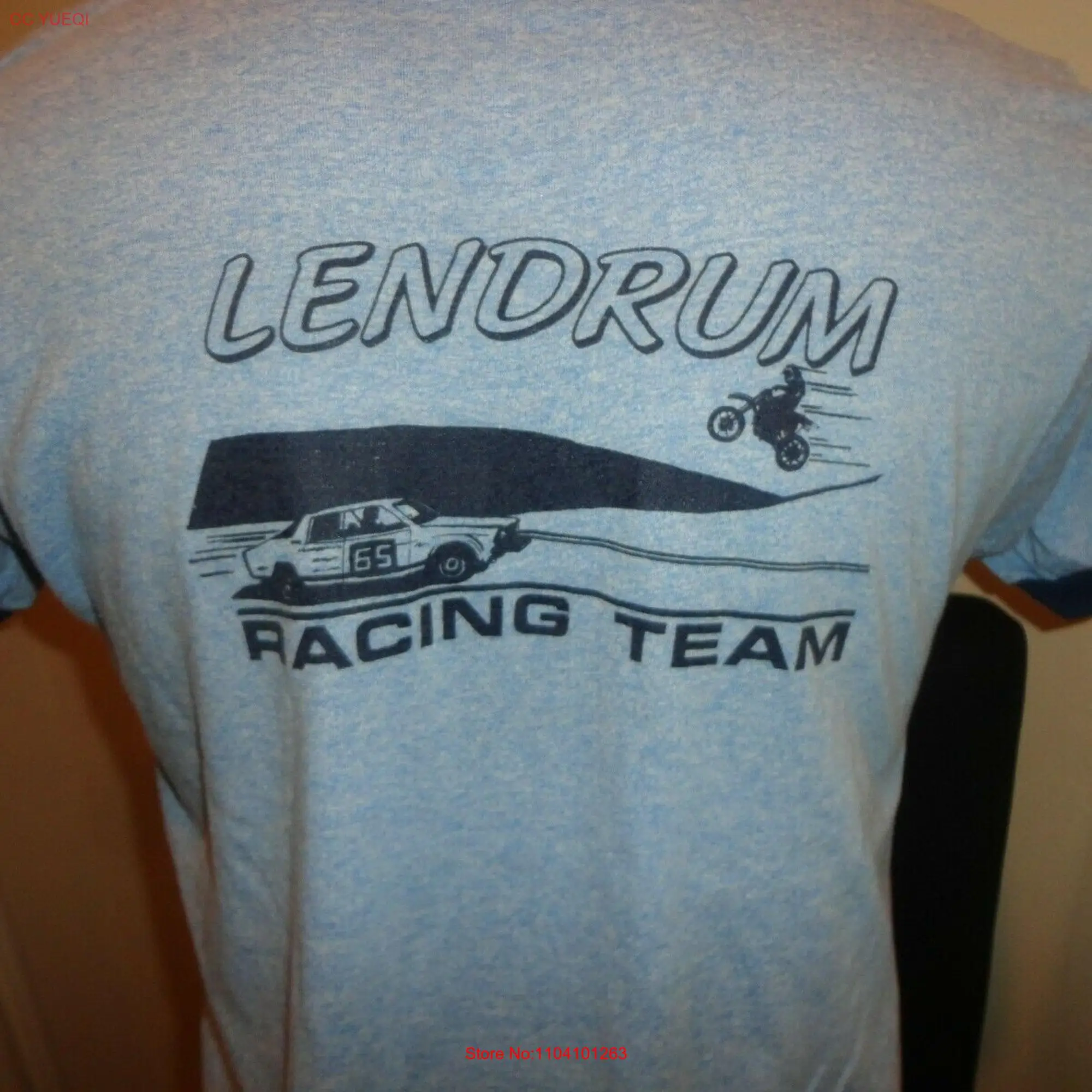 Vtg 80's Blue 50 Screen Stars RINGER Lendrum Racing Team T Shirt Fits L Rare long or short sleeves