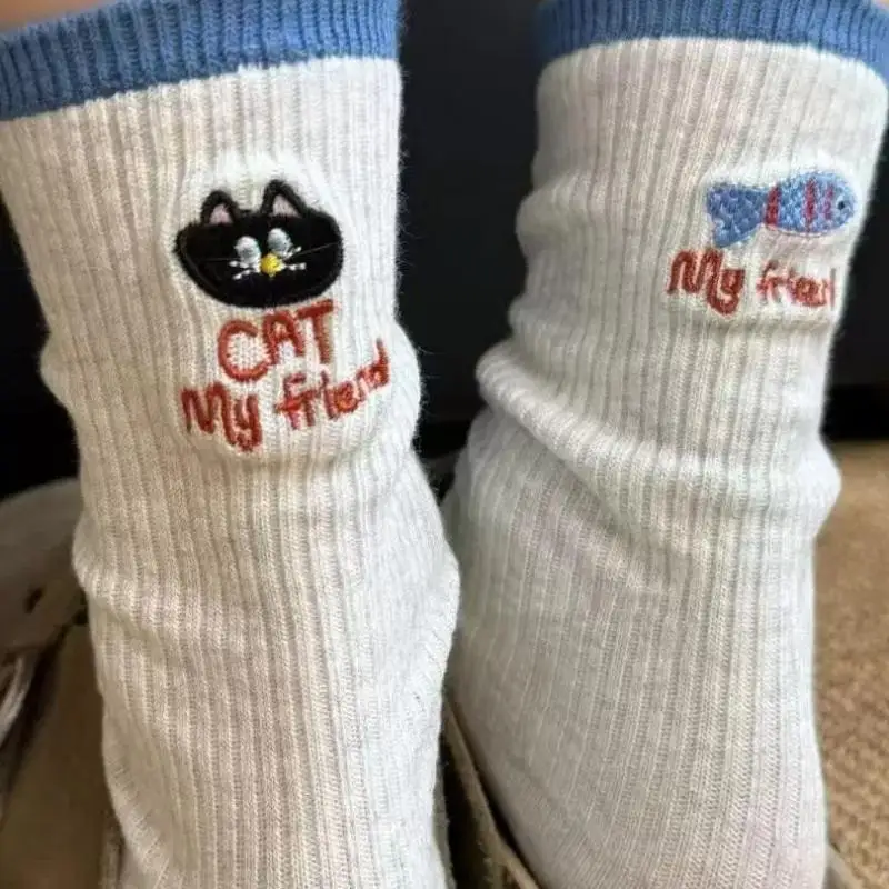1pair Fashionable Embroidered Kitten Little Fish Cute Cartoon Letter Middle Sock Personalized Trendy Socks Color Blocked Casual
