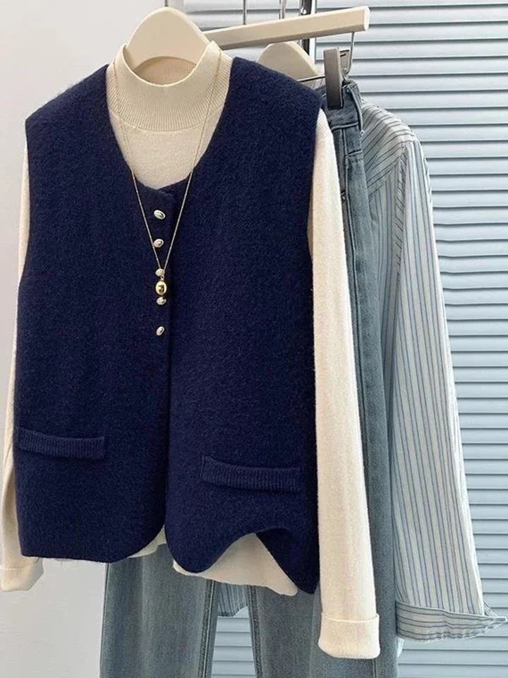 Elegancka kamizelka swetrowa damska na wiosnę, francuski kardigan dziergany, top bez rękawów, luźny, jednolity kolor, podkreślający temperament.