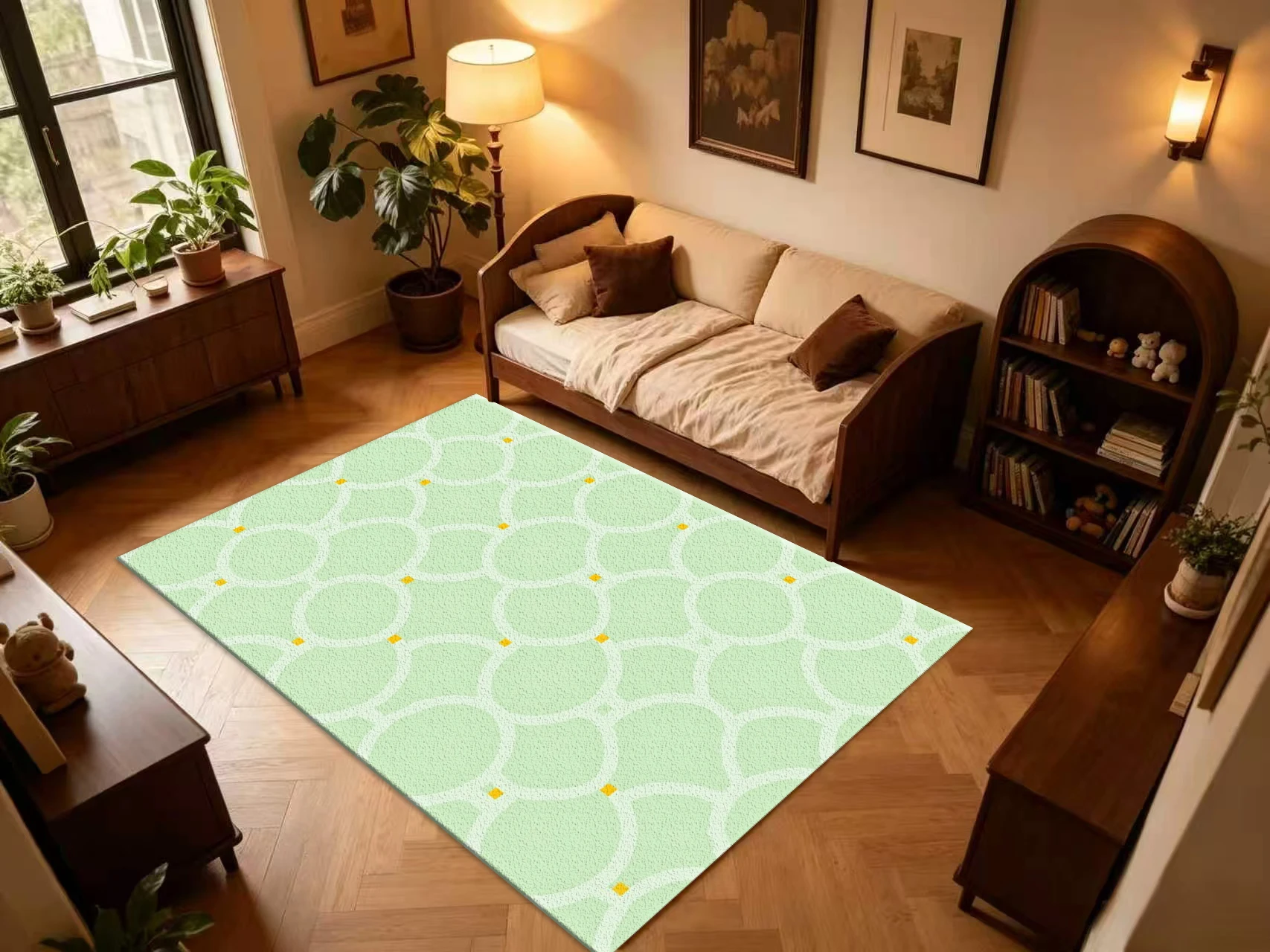 Fresh Light Green Geometric Lattice Carpet Flooring Oval Linked Line with Yellow Dot Pattern Floor Rug Modern Minimalist Household Decor
