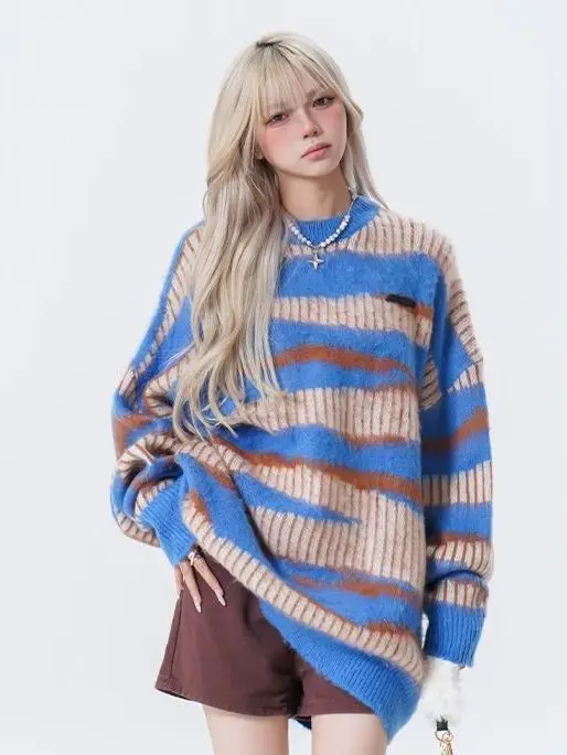 CHIC Spell Nap Women Grube swetry z długim rękawem Pit Stripe Nieregularne swetry Lazy Knit Pullovers Top damski Jesień Wiosna 2024