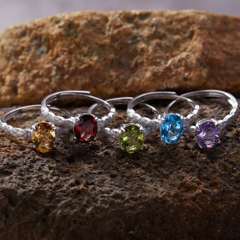 Niche S925 sterling silver natural citrine colored treasure ring feminine elegance temperament new brushed geometric design