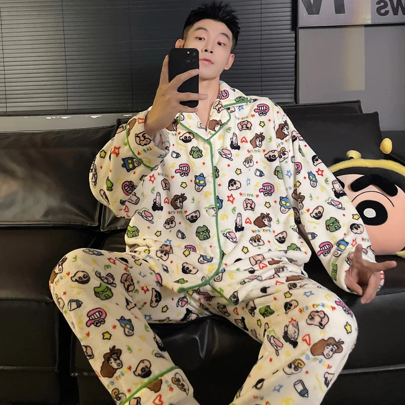Anime Crayon Shin-Chan Paar Pyjama Set Mannen Vrouw Mode Toevallige Pyjama Dikker Warme Tops Broek Cartoon Flanel thuis Kleding