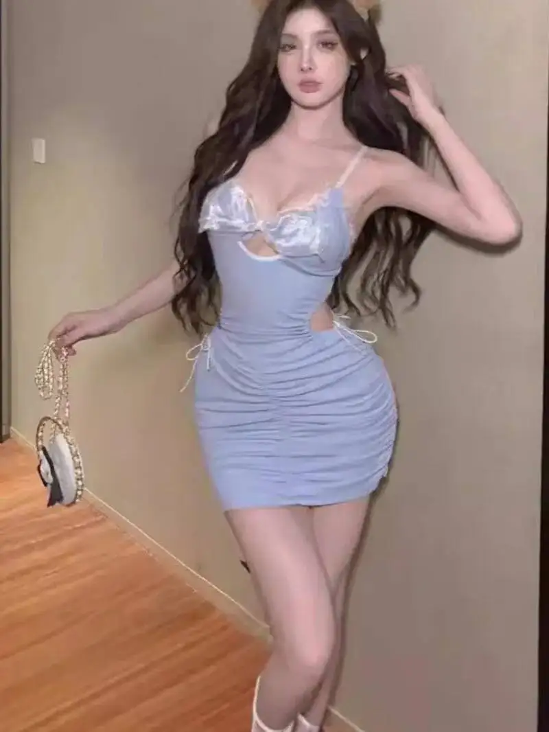 Light Blue Design Sense Tight Fitting Wrap Hip Pleated Pure Desire Sexy Cute Drawstring Cinching Waist Backless Mini Dress MUEK