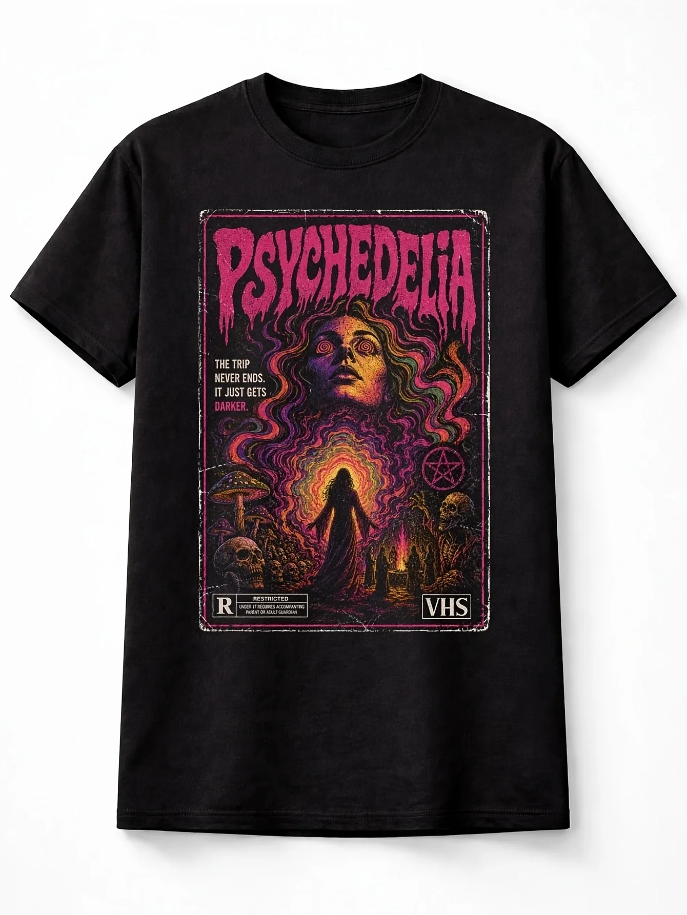 Men'S Retro VHS Gothic Horror T-Shirt Psychedelic Occult Graphic Tee 100% Soft Breathable Short Sleeve with VHS Tape Print