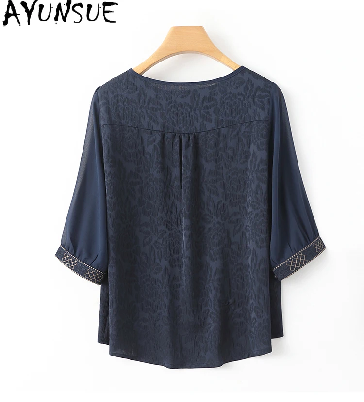 AYUNSUE 92% Natural Mulberry Silk Womens Shirts Loose Summer 2024 Women Clothes Embroidery Short Shirt Women Рубашка Женская