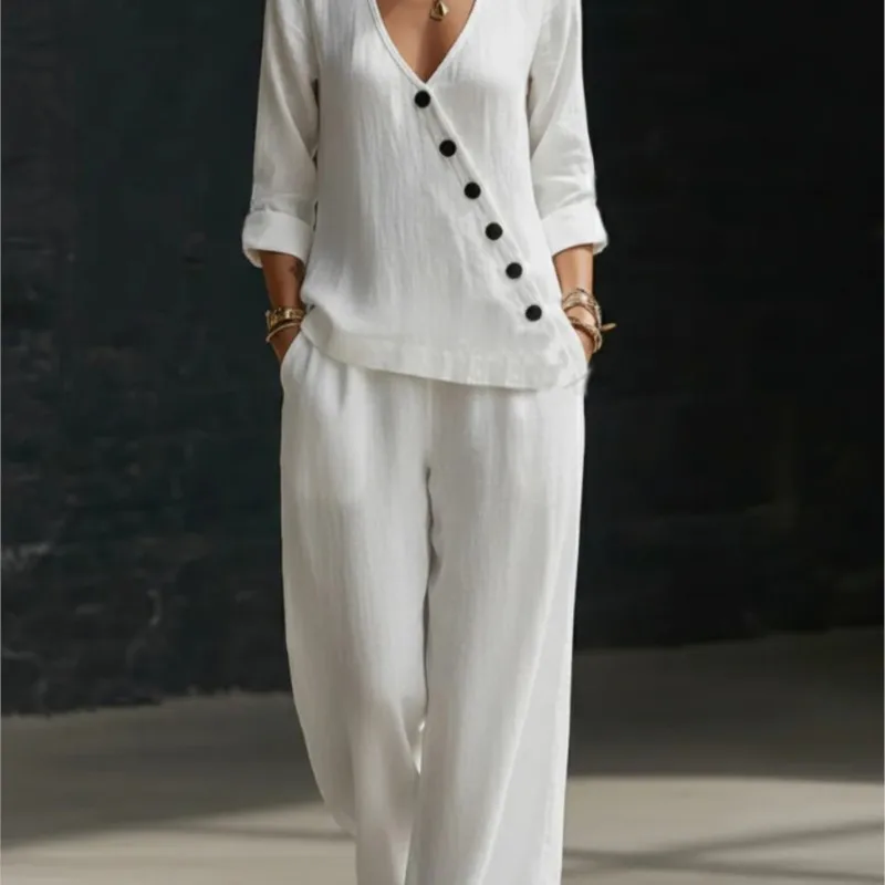 Fashion V-neck Long Sleeved Diagonal Buckle Shirt High Waist Pocket Wide Leg Pants 2-piece Set Women's Summer New Party Suit