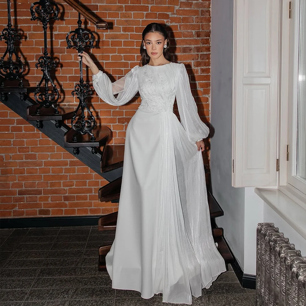 Simple Weddings Dresses with O Neck Long Sleeves A Line Civil White Bride Dress Pleat Appliques Garden Bridal Gown Customized