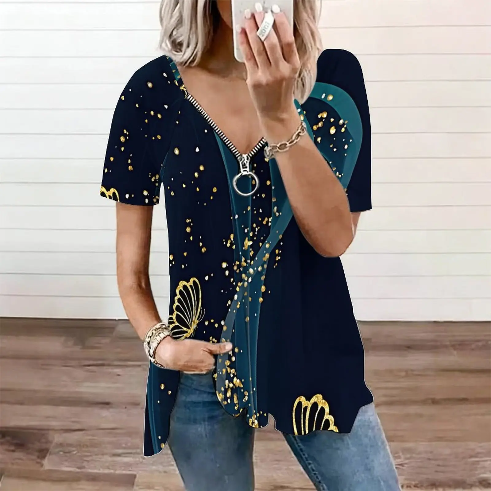 Women Butterfly Floral Print Zip V Neck Irregular Hem Short Sleeve Casual Tunic Tops