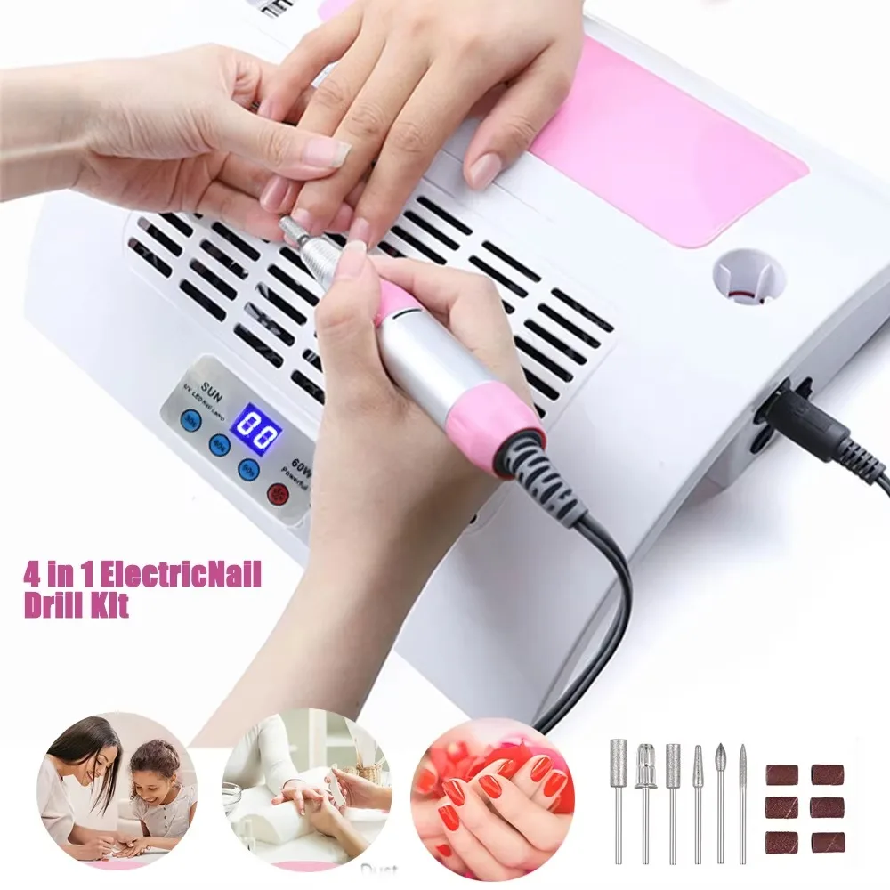 4 In 1 Multifunctional Nail Art Machine Electric Nail Drill Polisher UV LED Curing Lamp Vacuum Cleaner Dust Collector Hand Rest