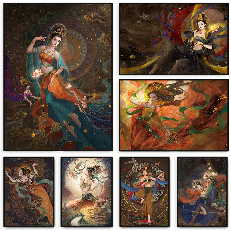 Chinese Dunhuang Apsaras Goddess Painting Canvas Poster Wall Art Pictures for Living Room Bedroom Playroom Modern Home Decor