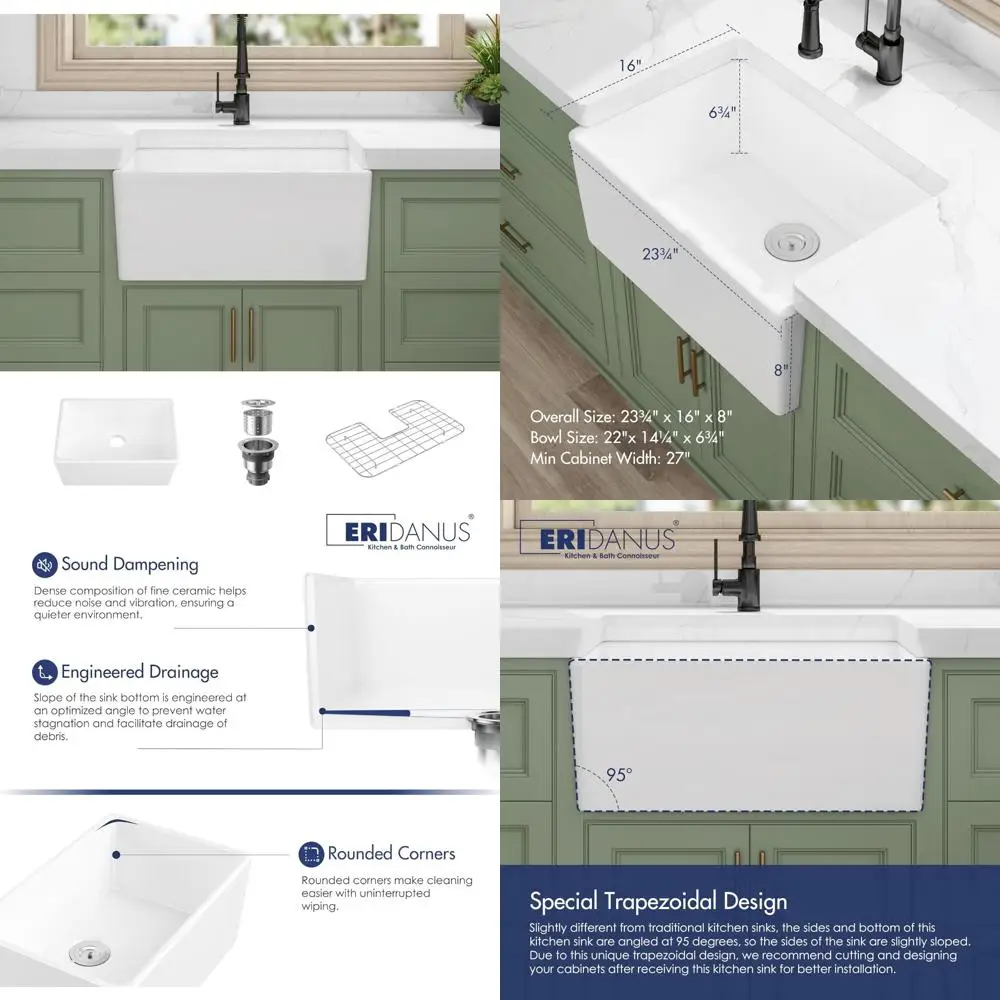 

White Undermount Single Bowl Farmhouse Apron Sink 24x16 with Grid and Strainer Drain for Kitchen