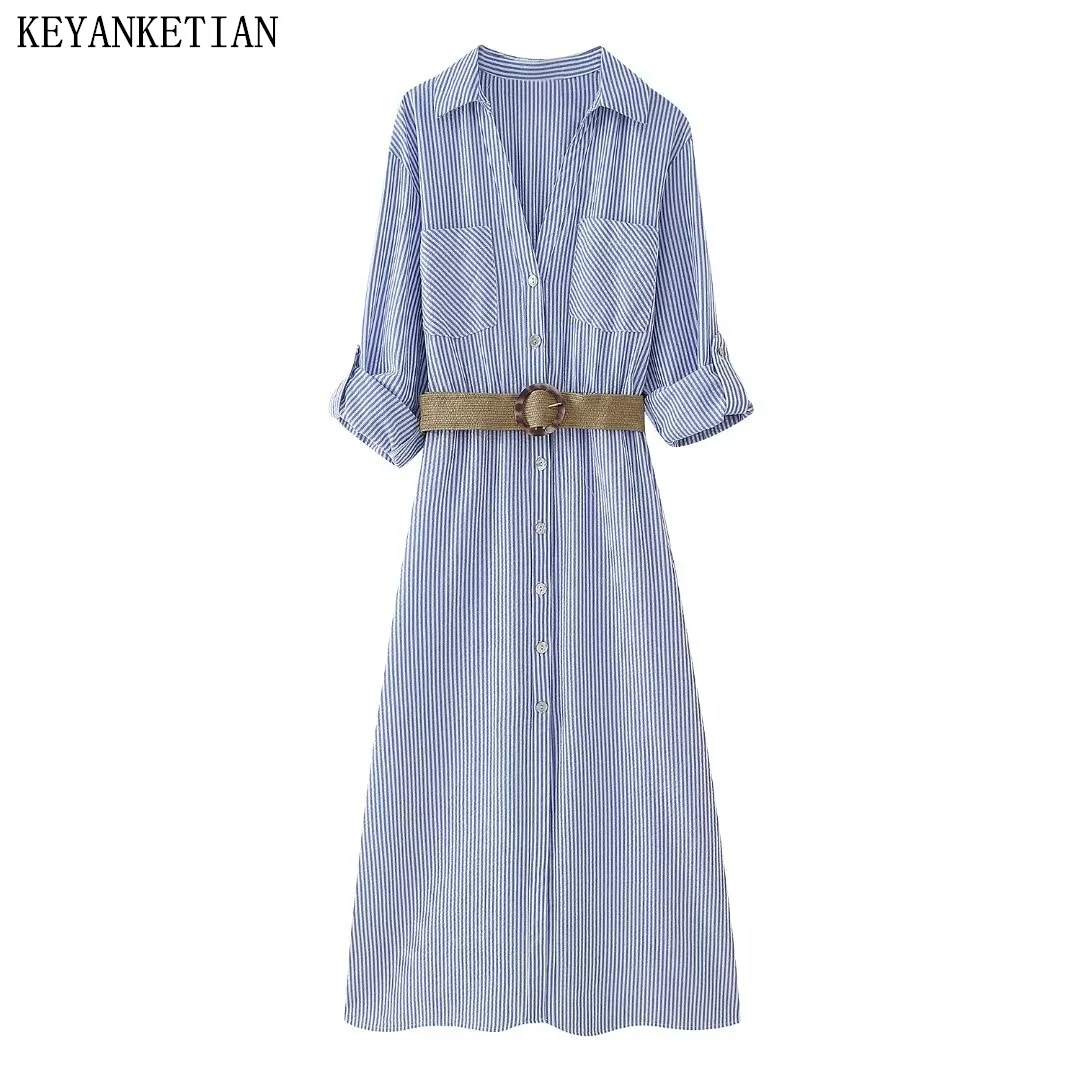 

KEYANKETIAN 2024 New Launch Women's Blue and White Striped MIDI Dress With Belt Pockets Long Sleeve Office Lady shirtwaist dress