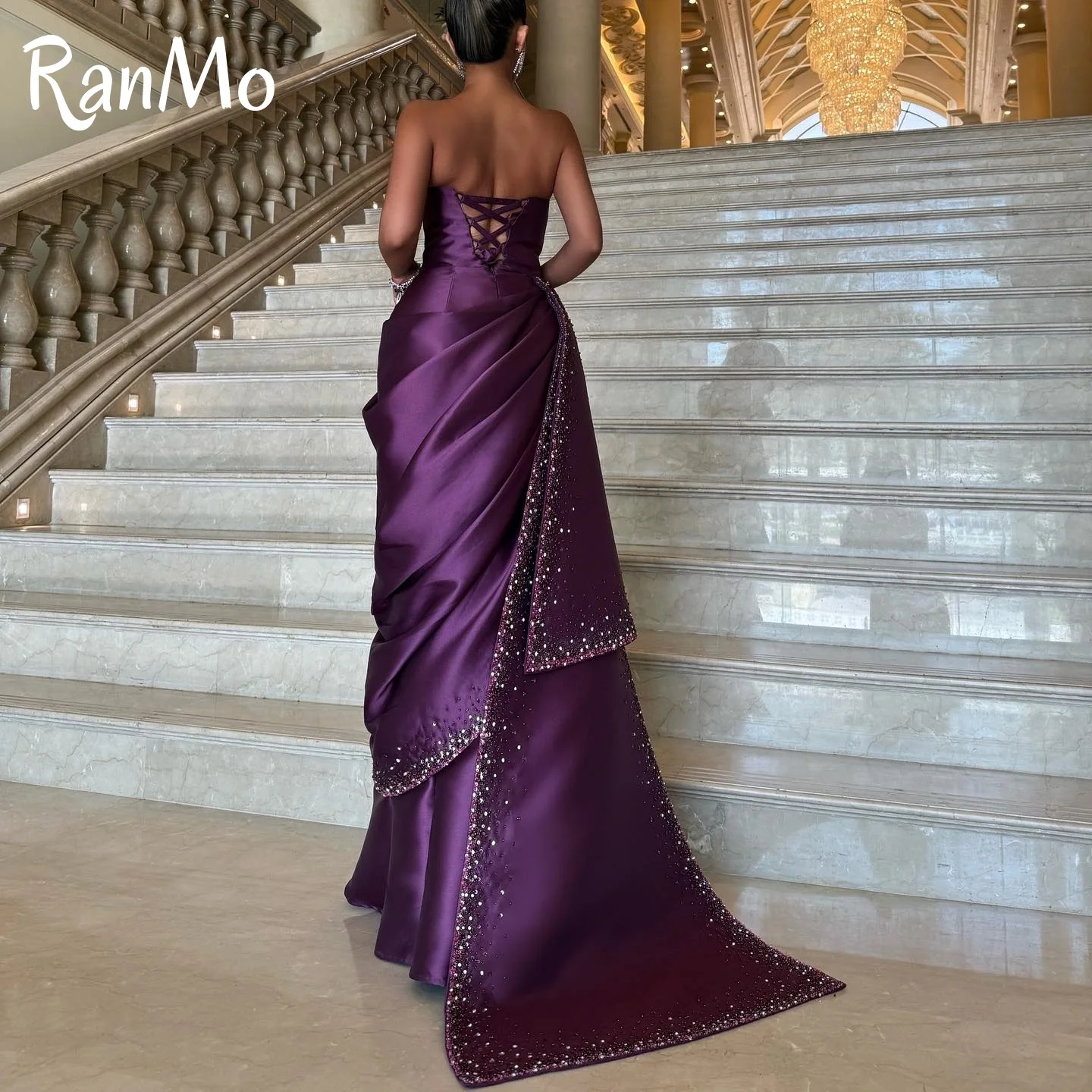 Ranmo Customized Exquisite Strapless Sleeveless Evening Dress High Quality Satin Prom Dresses Delicate Crystal Bridal Party Gown