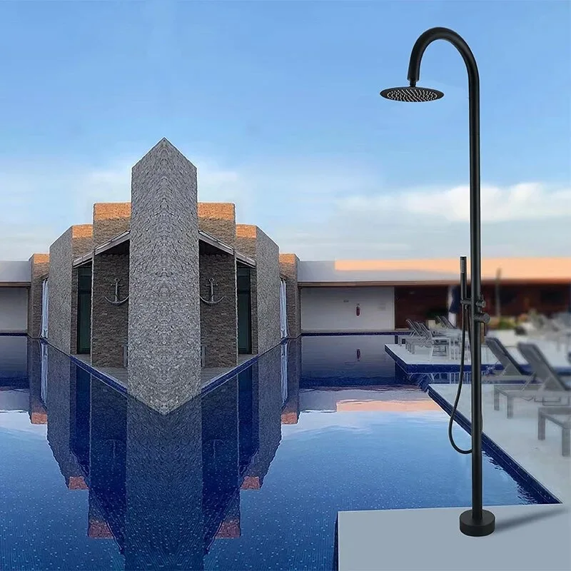 Freestanding Black Stainless Steel Shower Column Dual Handles Outdoor Shower for Pool Beach Garden Single Brass for Hotels
