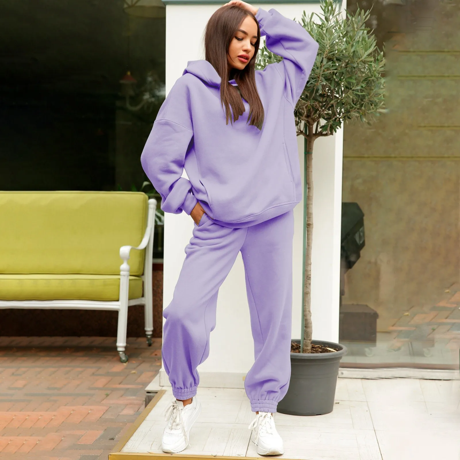 Women'S Solid Color Korean Style 2 Piece Outfit Fashion Hooded Sweatshirt And Pants Set Sport Girls Autumn Outdoor Suits