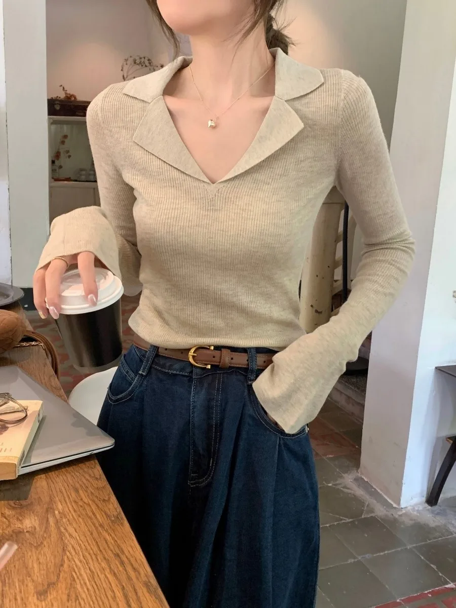 

Korean Sle V-Ne Knitted Base Layer Casual Long Sve Women's Top Soft Pure Color Slim Fit Commute Faion Autumn New Arr...