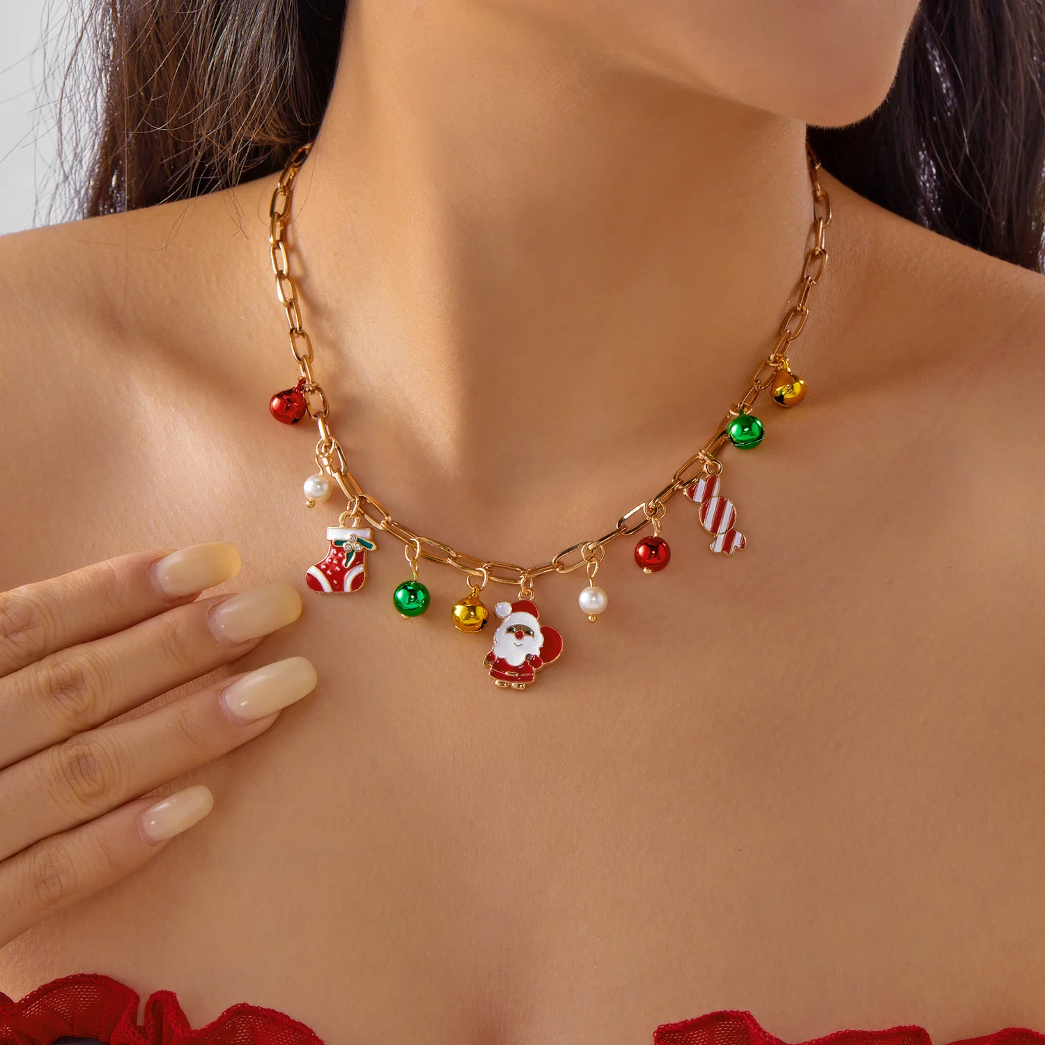 Kreative Weihnachtselemente Metallkette Armbänder für Frauen Männer Weihnachtsmann Baum Elch Schneemann Anhänger Halskette Festival Schmuck – Detail 5