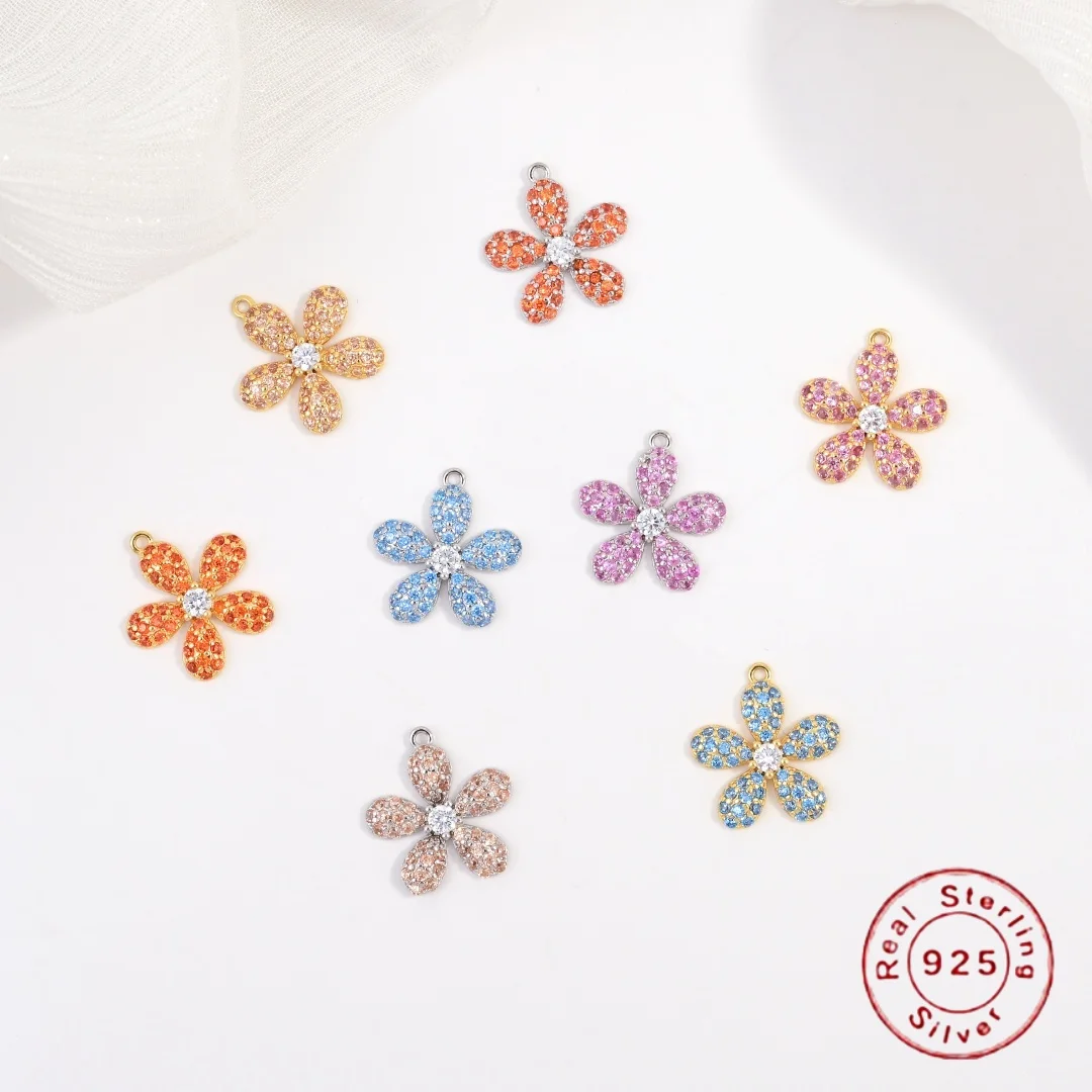 

S925 Sterling Silver Colorful Cubic Zirconia Flower Charms, DIY Handmade Bracelet & Necklace Jewelry Accessories SD166
