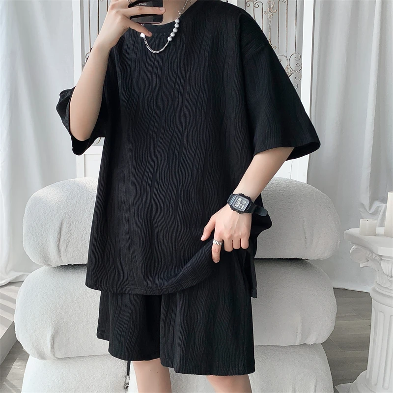Plus Size 5XL-M High Quality Wave Pattern Drape Loose Casual Men's Sets Simple Short Sleeve Ice Silky Summer T Shirts + Shorts