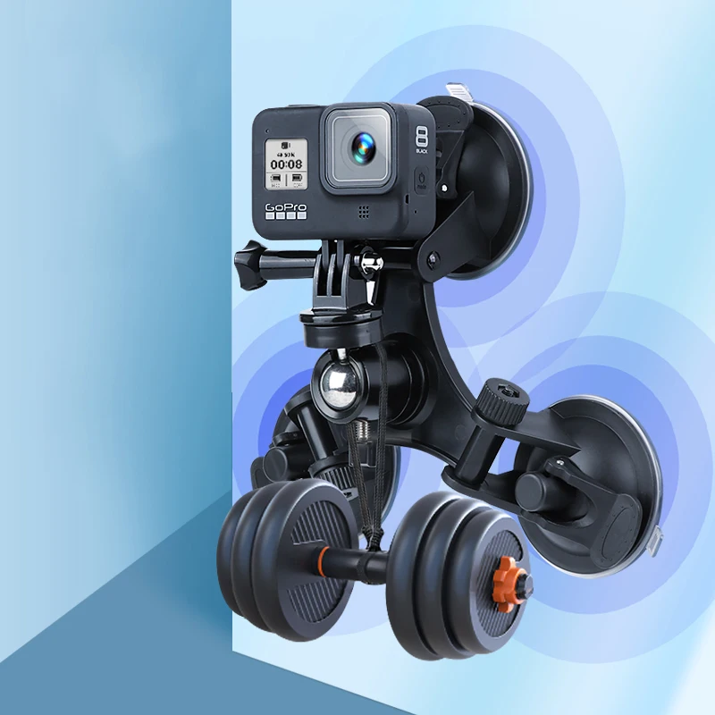 Triple Suction Cup Mount untuk DJI OSMO Action 4 3 Gopro 13 12 11 10 9 8 7 dengan 1/4 "benang adaptor standar untuk Insta360 X4 X3 X2