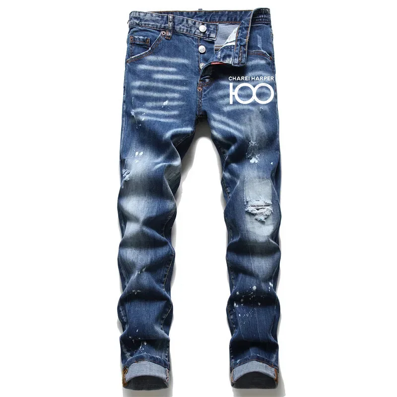 100 charareiharper  Men's ripped jeans Luxury brand Long jeans Quality Men's stretch slim pants men's skinny jeans