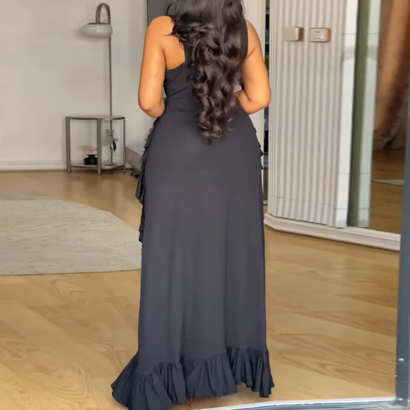 Slergiri vestido de talla grande con escote en V profundo y volantes para mujer, vestidos largos de fiesta sin mangas de cintura alta elegantes de verano 2025