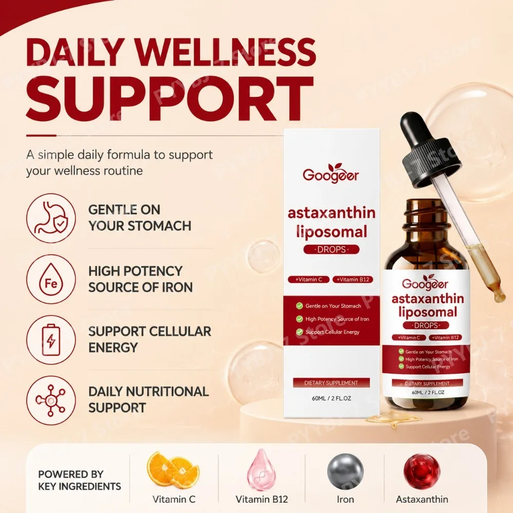 Googeer Astaxanthin Liquid Drops with Vitamin C Vitamin B12 and Iron, Daily Nutritional and Beauty Support Formula, 60ml 2 Fl Oz