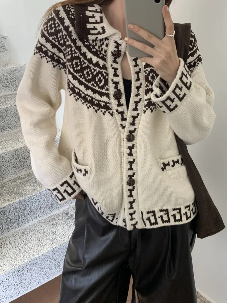 ソフトニットカラーブロフェアアイル柄カーディガンレディース冬新作スリーブセーター快適で居心地の良い春秋