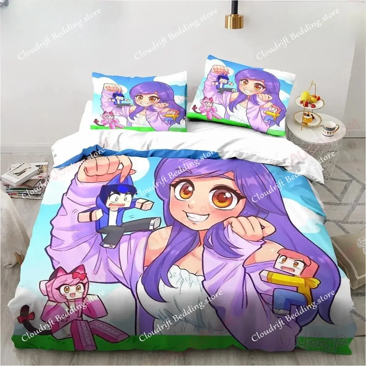 New Cartoon Game Cute Aphmau with Wings Bedding Set Sheet King Twin Double Child Bedding Set Mircofiber or Polyester Duvet Cover